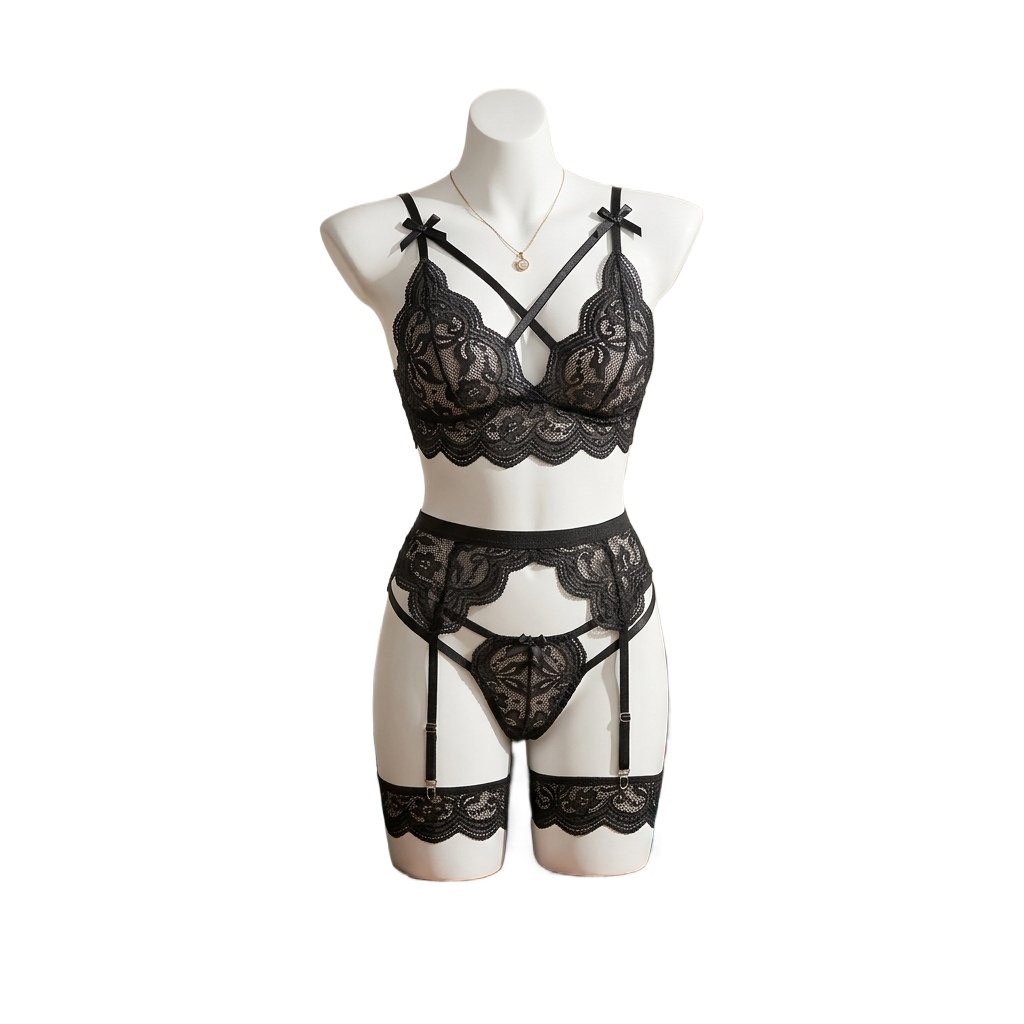 Garter Belt Set - Dameslingerieset met bloemenkant, bestaande uit een