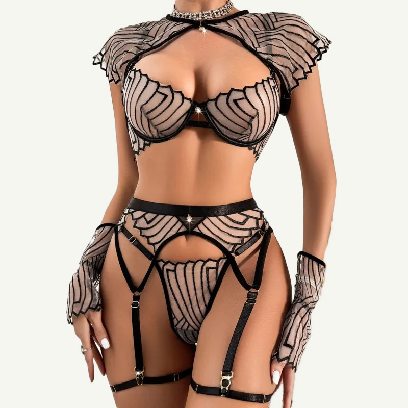 Zwarte, geometrisch geborduurd - Garter Belt Set recensie en prijs
